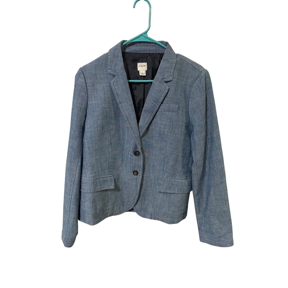J.Crew Size 12 Blue Cotton Chambray 2 Button Blazer Jacket